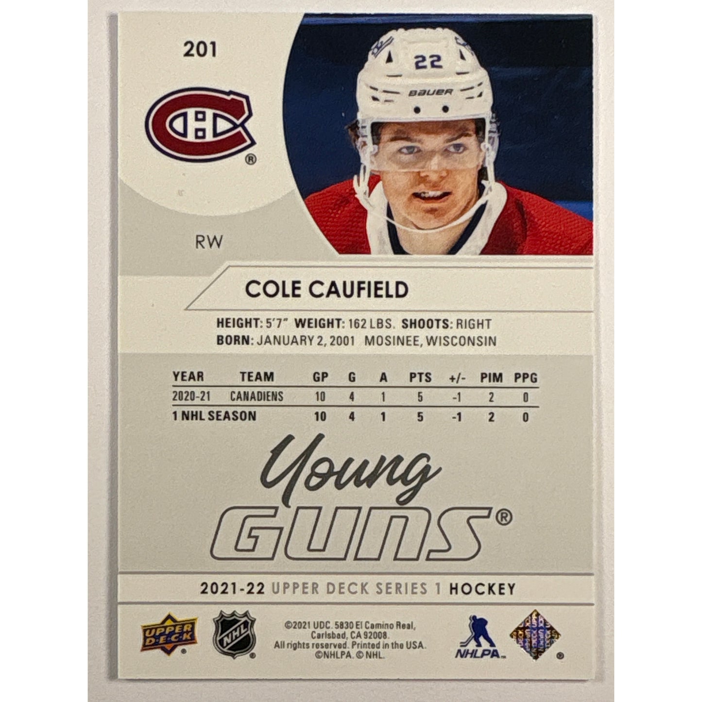 2021-22 Upper Deck Series 1 Cole Caufield Young Guns | Local Legends Cards & Collectibles