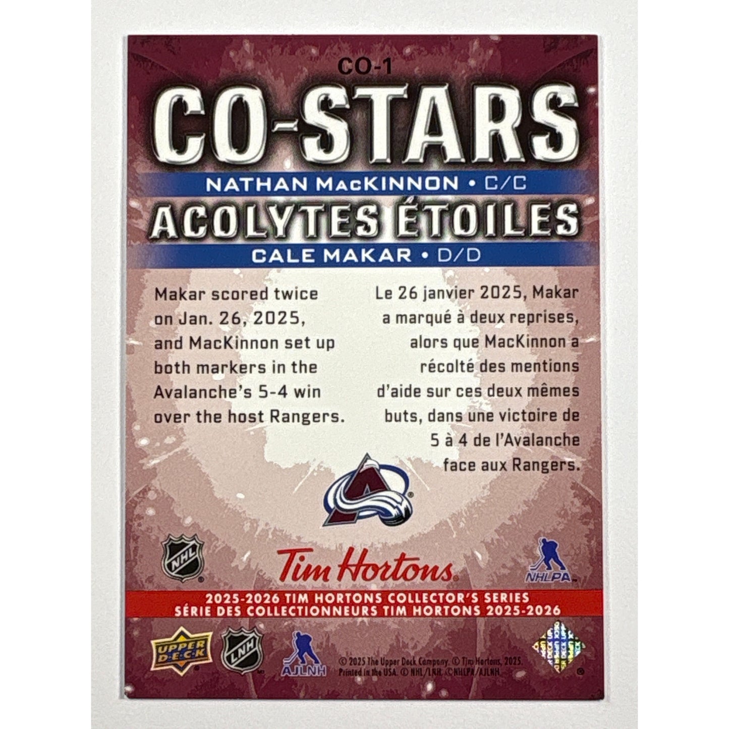 2025-26 Tim Hortons Cale Makar / Nathan MacKinnon Co-Stars Lenticular | Local Legends Cards & Collectibles