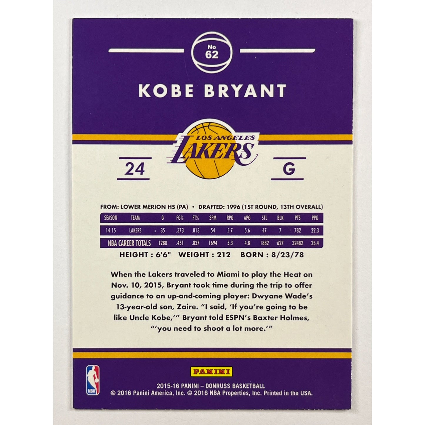 2015-16 Donruss Kobe Bryant 62 | Local Legends Cards & Collectibles