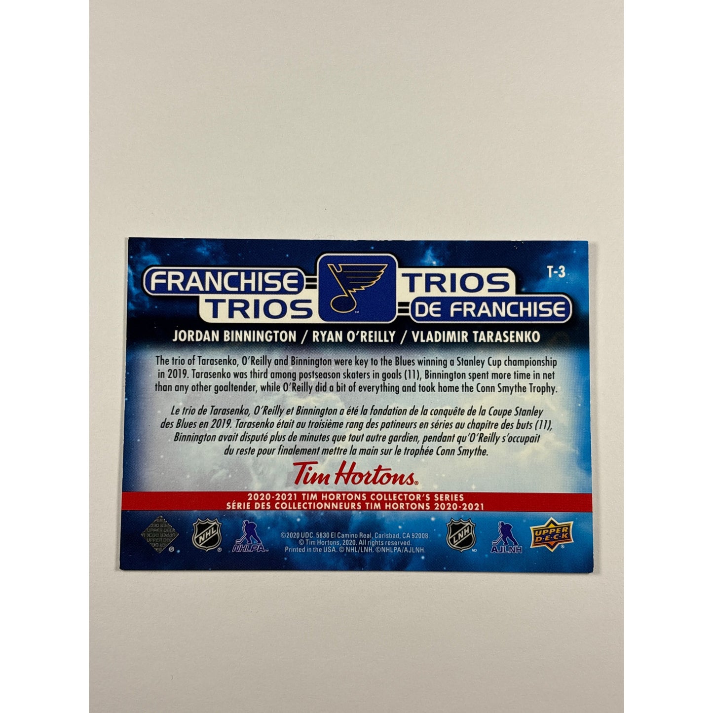 2020-21 Tim Hortons Binnington / O’Reilly / Tarasenko Franchise Trios Lenticular