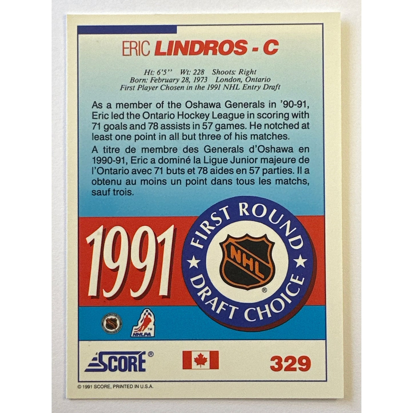 1991-92 Score Eric Lindros First Round Draft Choice RC
