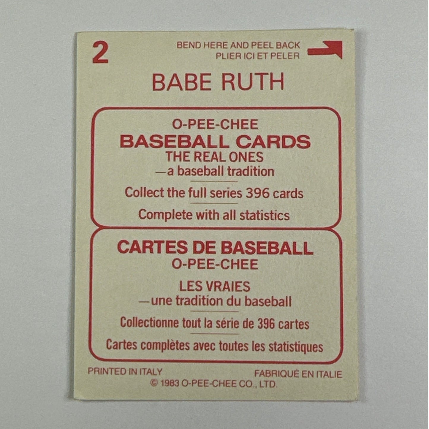 1983 O-Pee-Chee Babe Ruth Sticker Holo