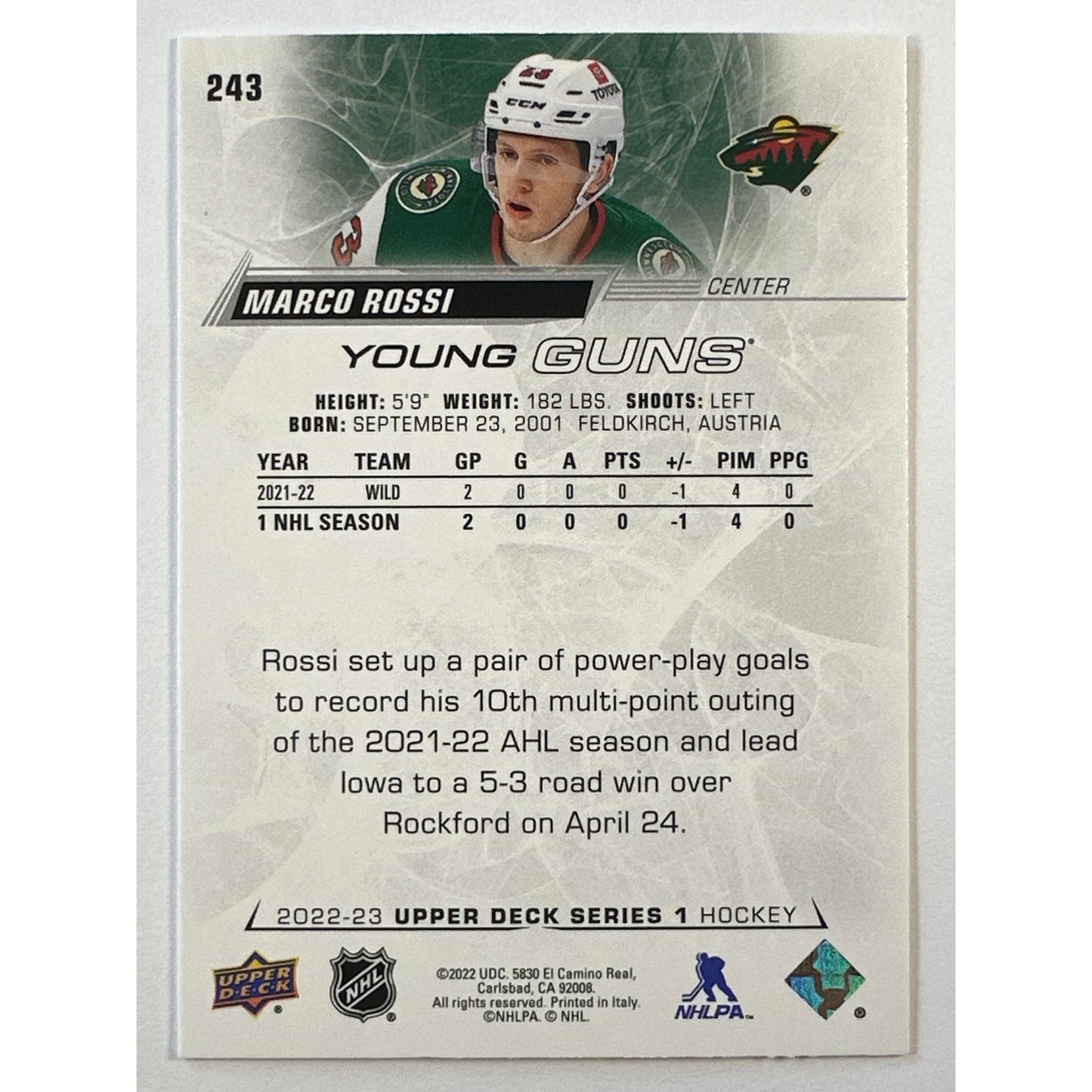 2022-23 Upper Deck Series 1 Marco Rossi Young Guns
