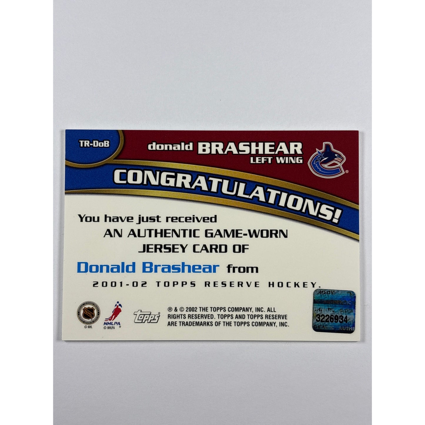 2001-02 Topps Reserve Donald Brashear Jersey Relic