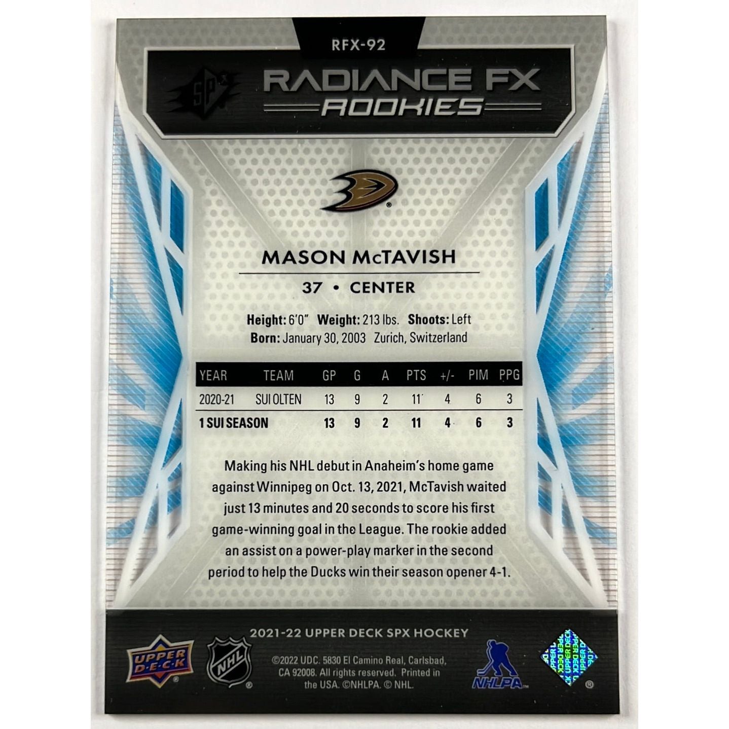 2021-22 SPX Mason Mctavish Radiance FX Rookies Gold /50 | Local Legends Cards & Collectibles