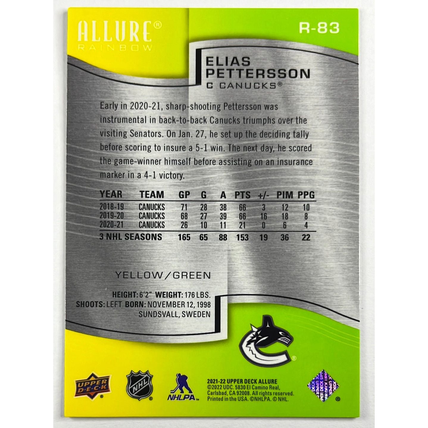 2021-22 Allure Elias Pettersson Yellow Green Rainbow | Local Legends Cards & Collectibles