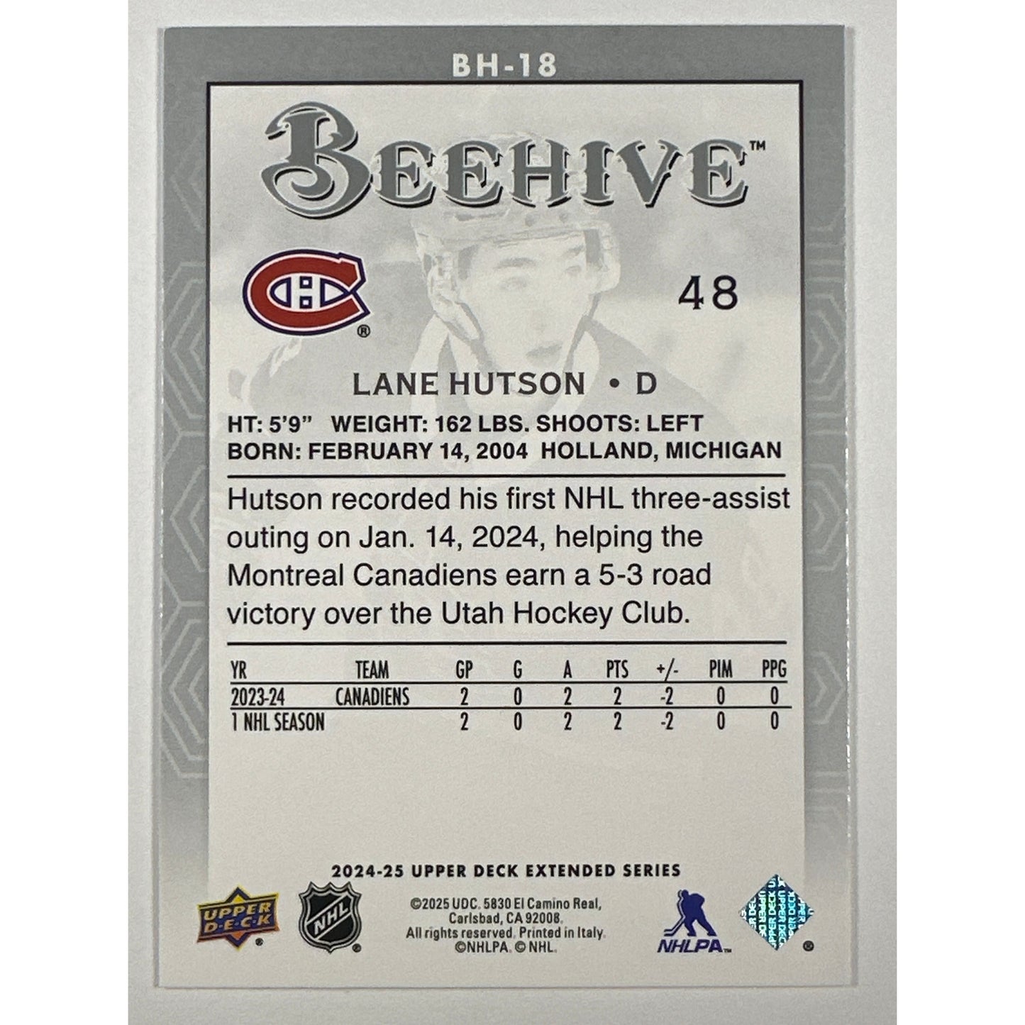 2024-25 Upper Deck Extended Series Lane Hutson Bee Hive RC