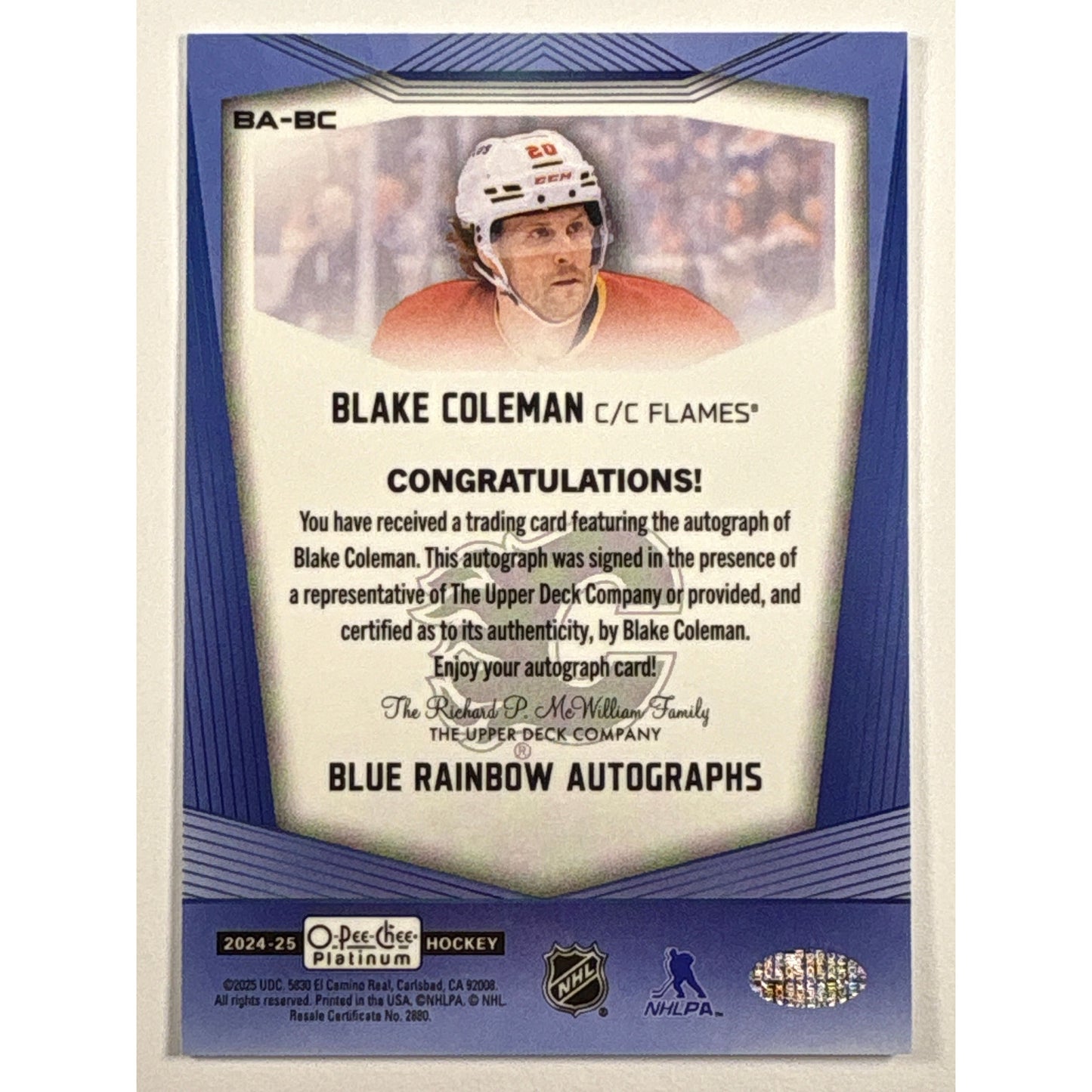 2024-25 O-Pee-Chee Platinum Blake Coleman Blue Rainbow Autographs