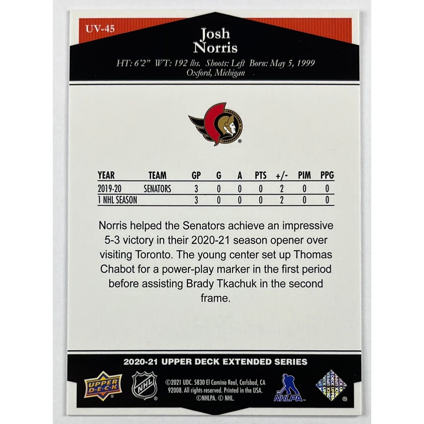 2020-21 Extended Series Josh Norris Victory RC | Local Legends Cards & Collectibles