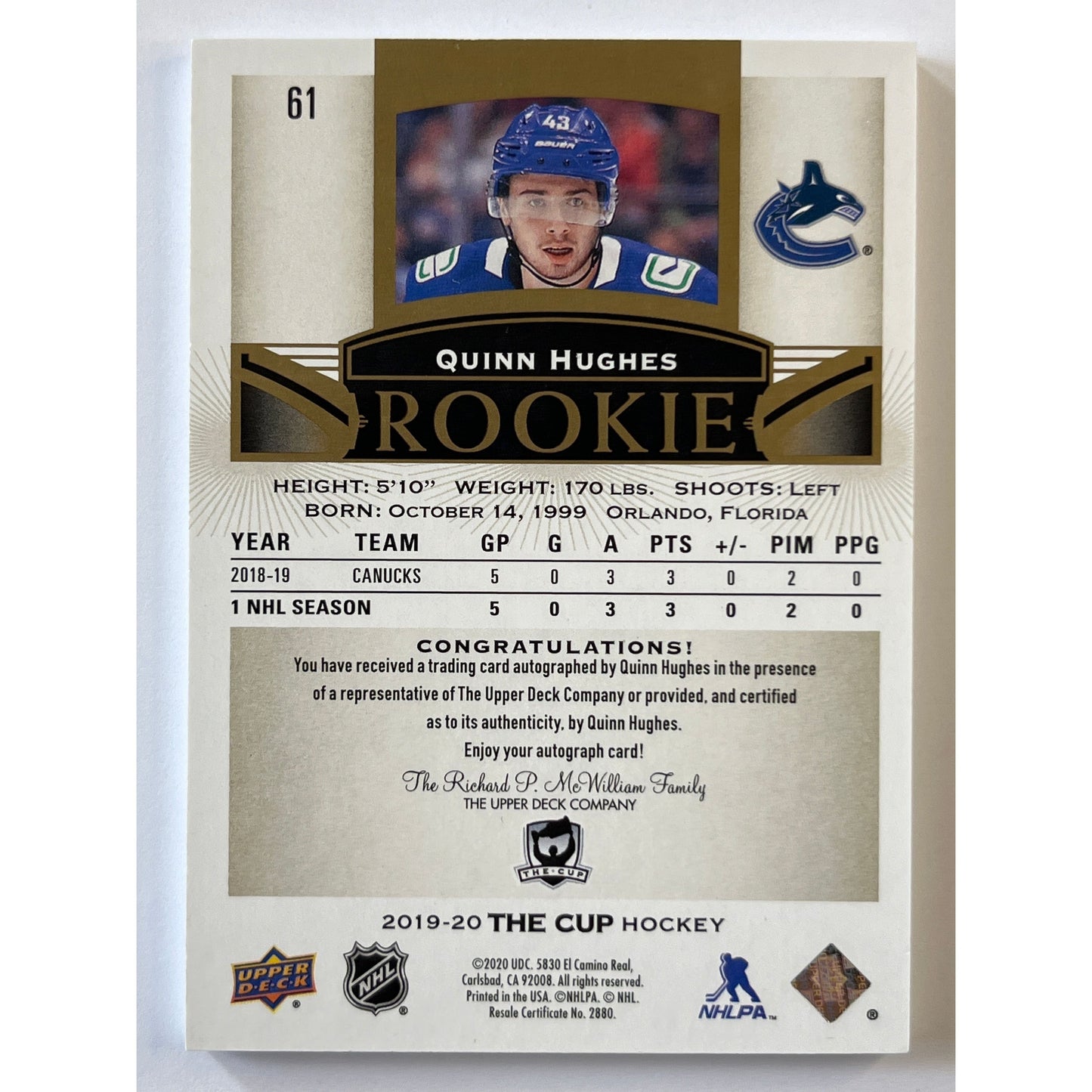 2019-20 The Cup Quinn Hughes Rookie Auto 01/24 | Local Legends Cards & Collectibles