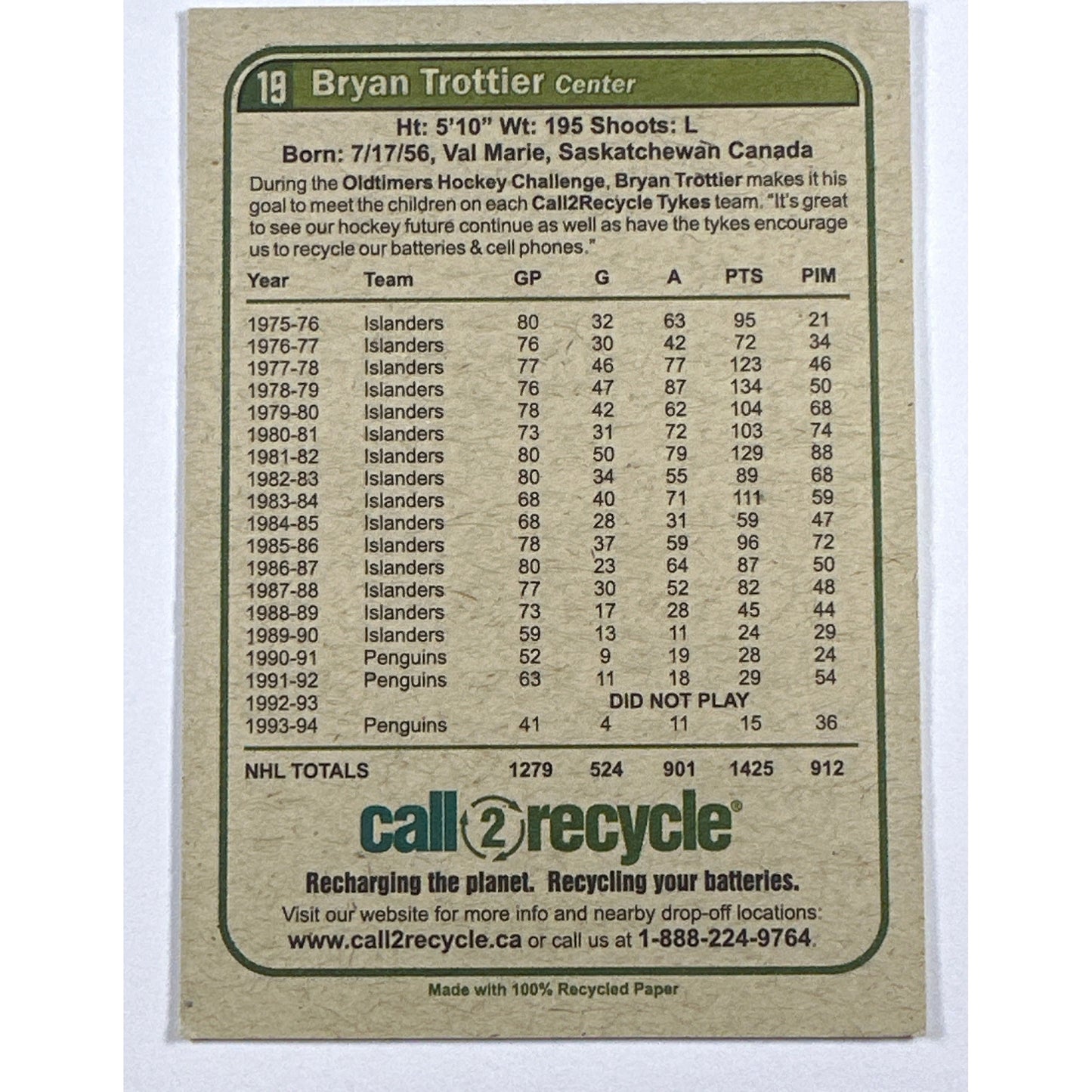 Call 2 Recycle Bryan Trottier Inscribed Autograph | Local Legends Cards & Collectibles