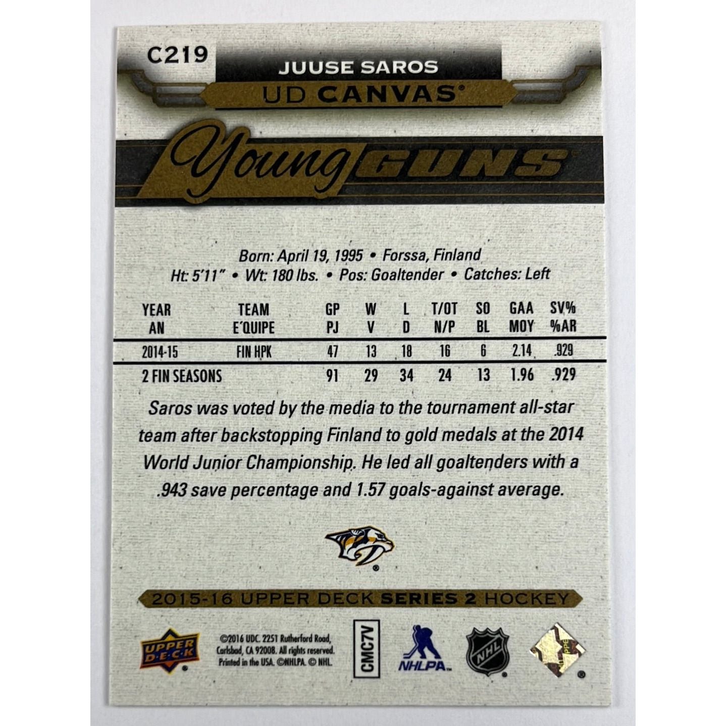 2015-16 Upper Deck Juuse Saros Canvas Young Guns | Local Legends Cards & Collectibles