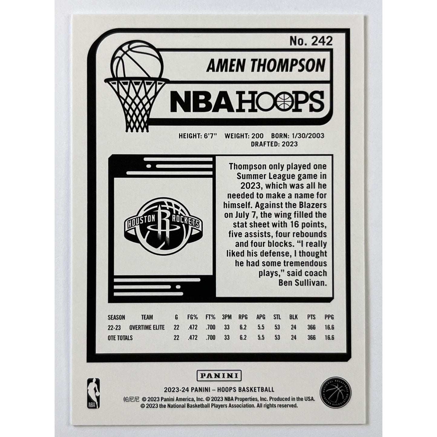 2023-24 Hoops Amen Thompson RC | Local Legends Cards & Collectibles