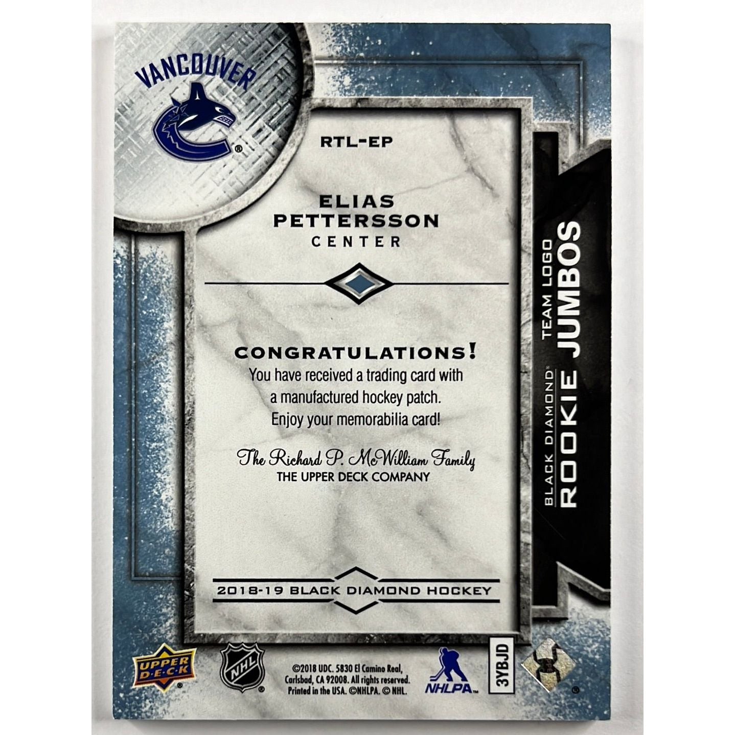 2018-19 Black Diamond Elias Pettersson Team Logo Rookie Jumbos | Local Legends Cards & Collectibles