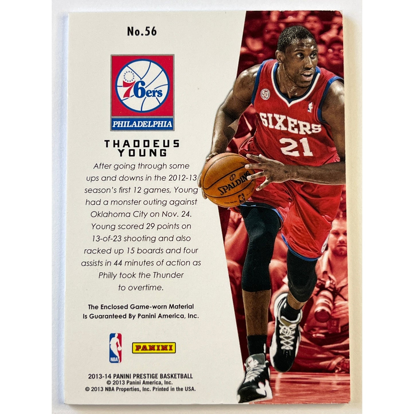 2013-14 Prestige Thaddeus Young True Colors Game Worn Patch