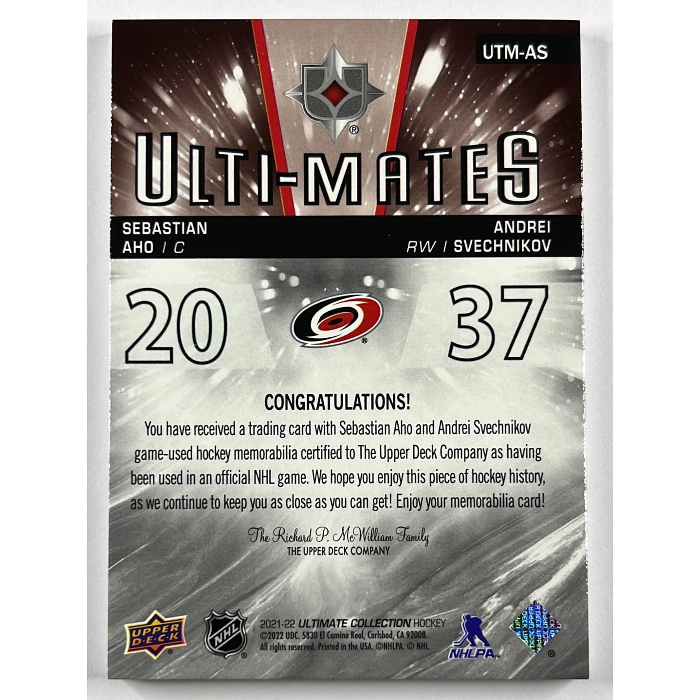 2021-22 Ultimate Collection Sebastian Aho / Andrei Svechnikov Ulti-Mates Game Used Dual Patch | Local Legends Cards & Collectibles