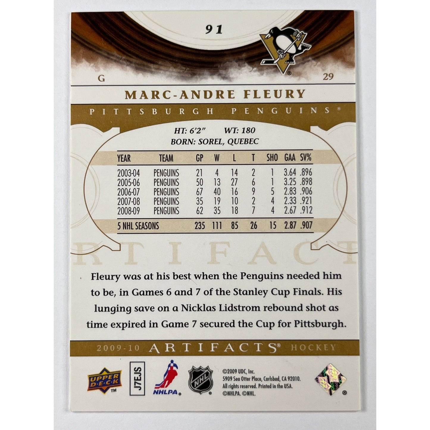 2009-10 Artifacts Marc-Andre Fleury In-Person Auto | Local Legends Cards & Collectibles