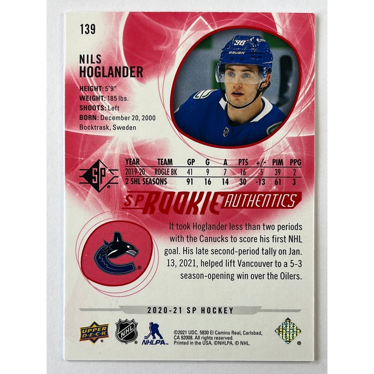 2020-21 SP Authentic Nils Hoglander Rookie Authentics /799