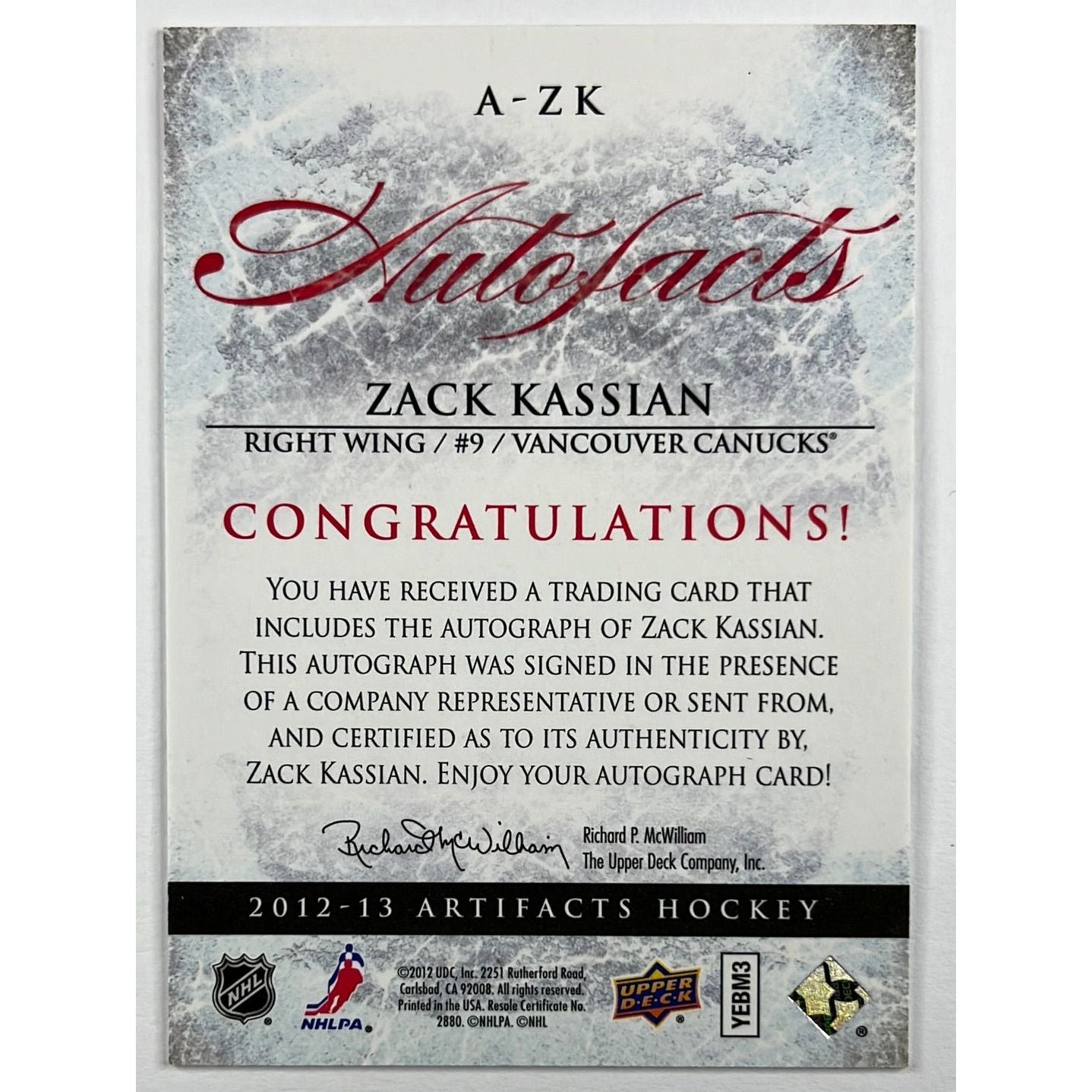 2012-13 Artifacts Zack Kassian Autofacts Inscribed | Local Legends Cards & Collectibles