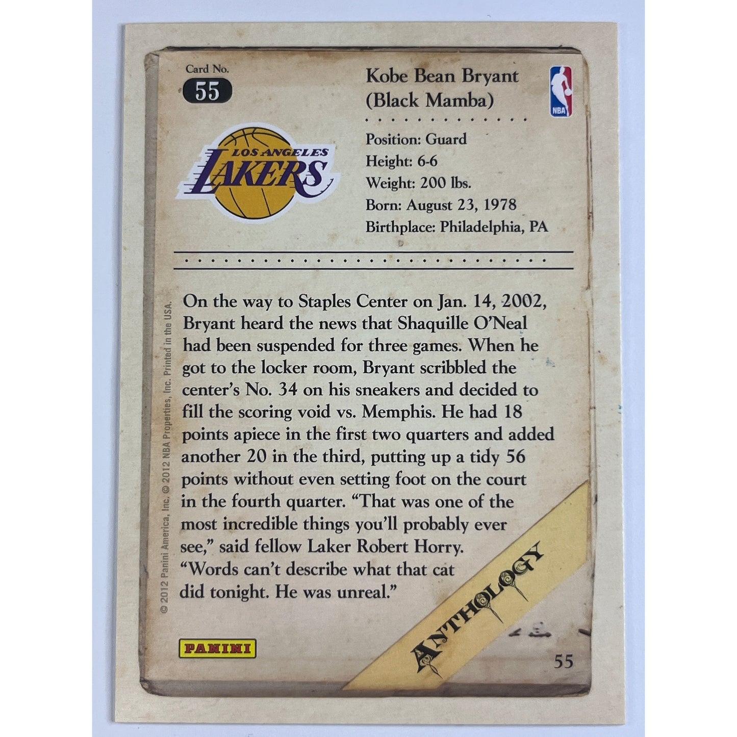 2012 Panini Anthology Kobe Bryant #55 | Local Legends Cards & Collectibles