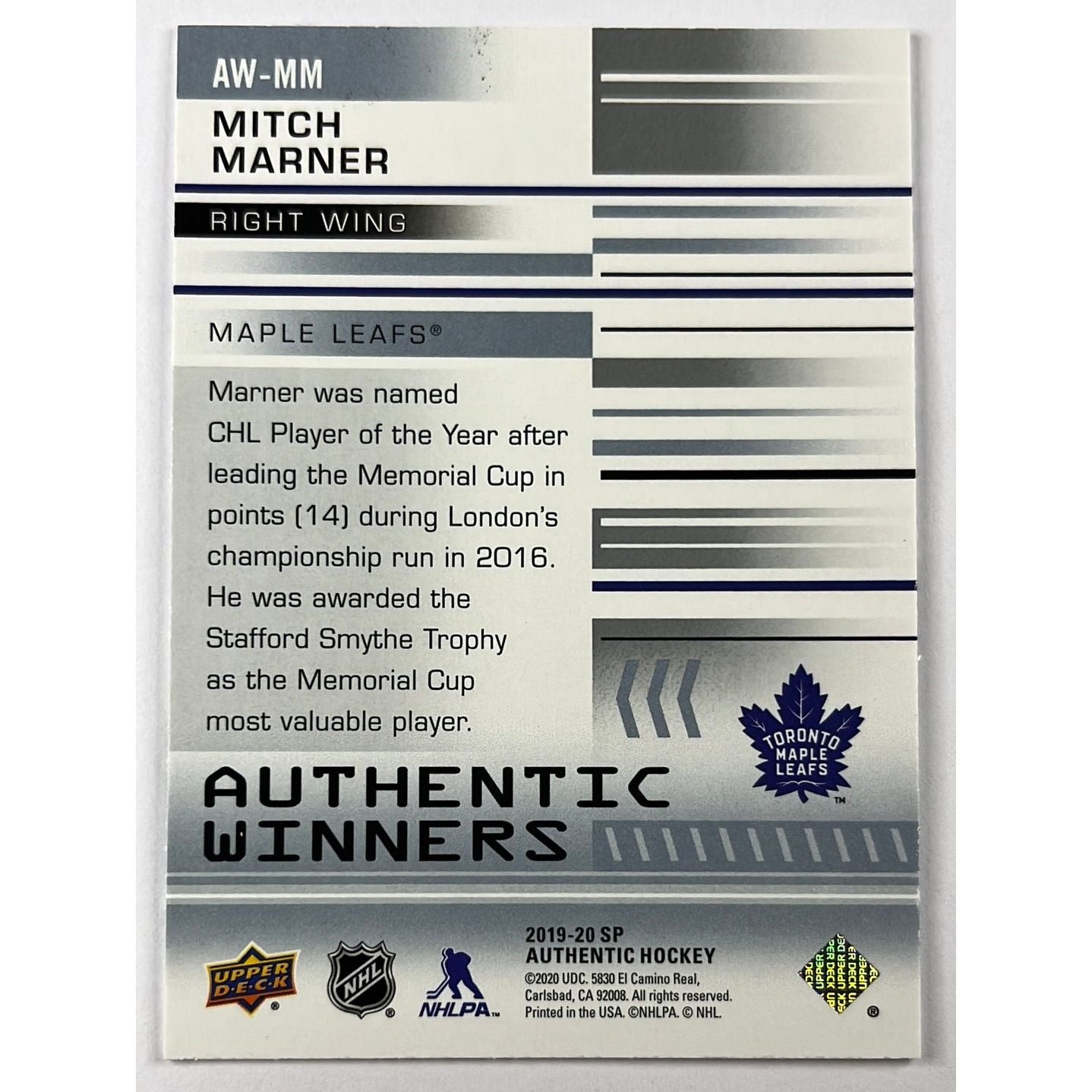 2019-20 SP Authentic Mitch Marner Authentic Winners