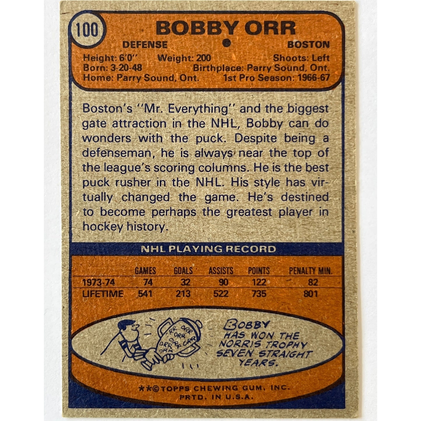 1974-75 Topps Bobby Orr #100 | Local Legends Cards & Collectibles