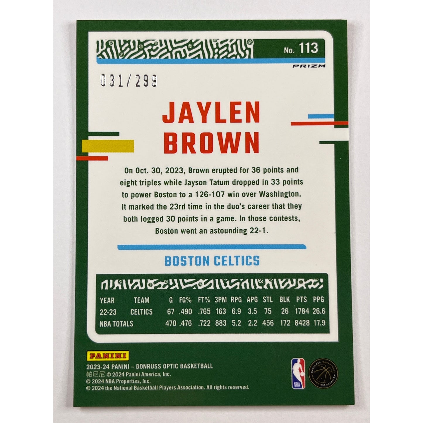 2023-24 Donruss Optic Jaylen Brown Red Velocity Prizm /299 | Local Legends Cards & Collectibles