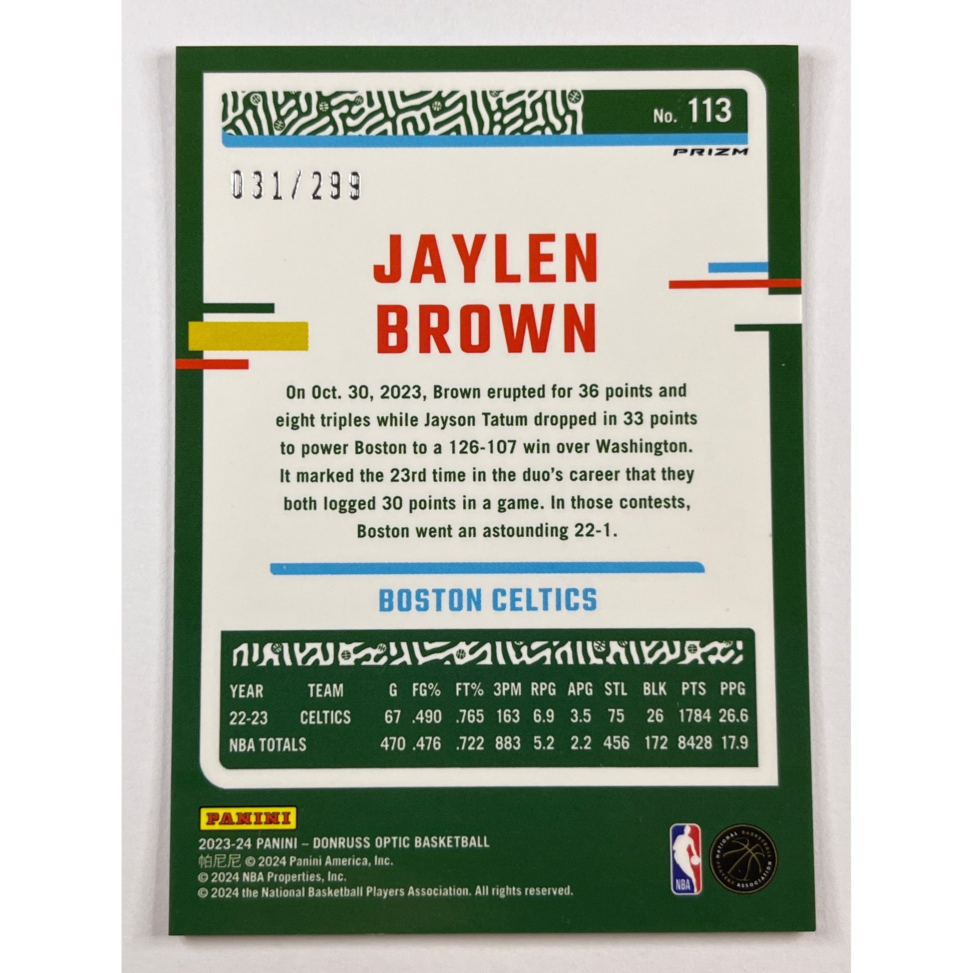 2023-24 Donruss Optic Jaylen Brown Red Velocity Prizm /299 | Local Legends Cards & Collectibles