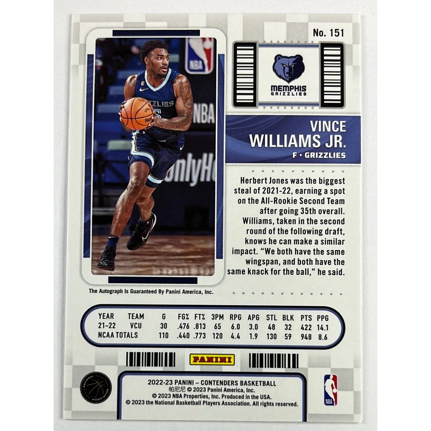 2022-23 Contenders Vince Williams Jr Rookie Ticket Auto | Local Legends Cards & Collectibles