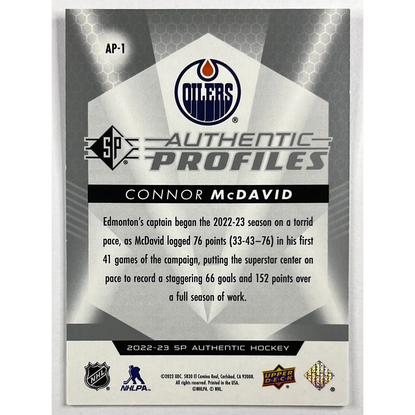 2022-23 SP Authentic Connor McDavid Authentic Profiles /399 | Local Legends Cards & Collectibles