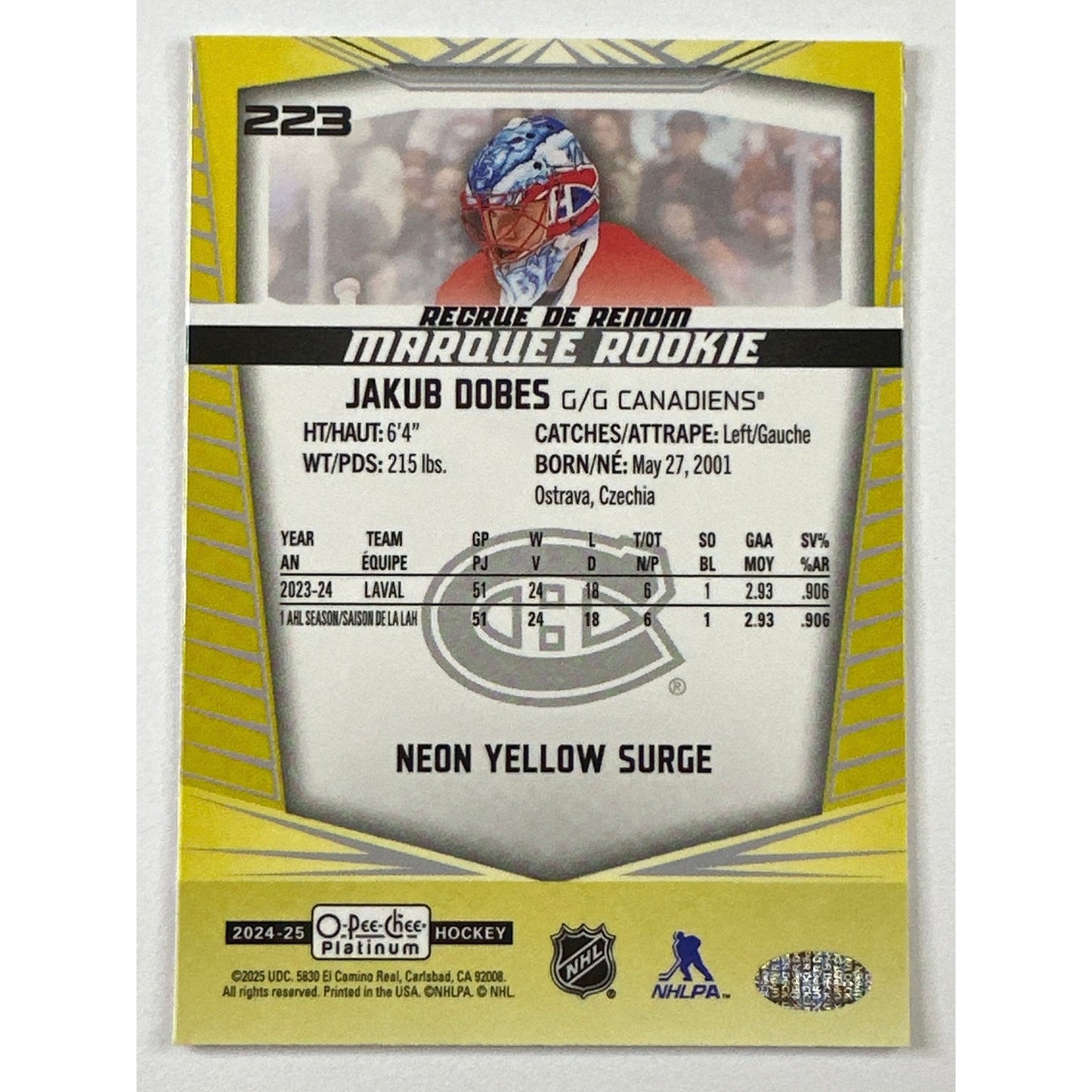 2024-25 O-Pee-Chee Platinum Jakub Dobes Neon Yellow Surge RC