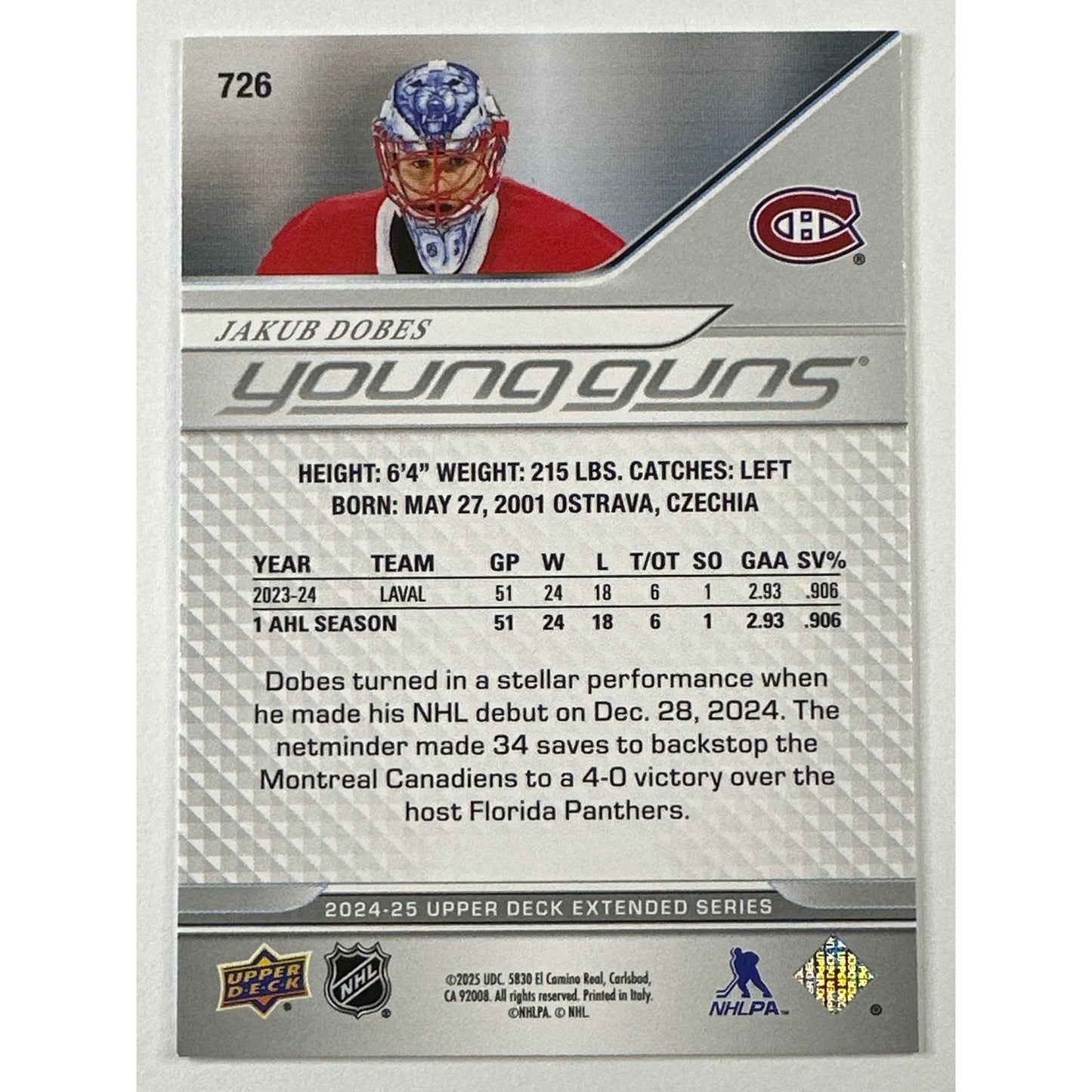 2024-25 Upper Deck Extended Series Jakub Dobes Young Guns