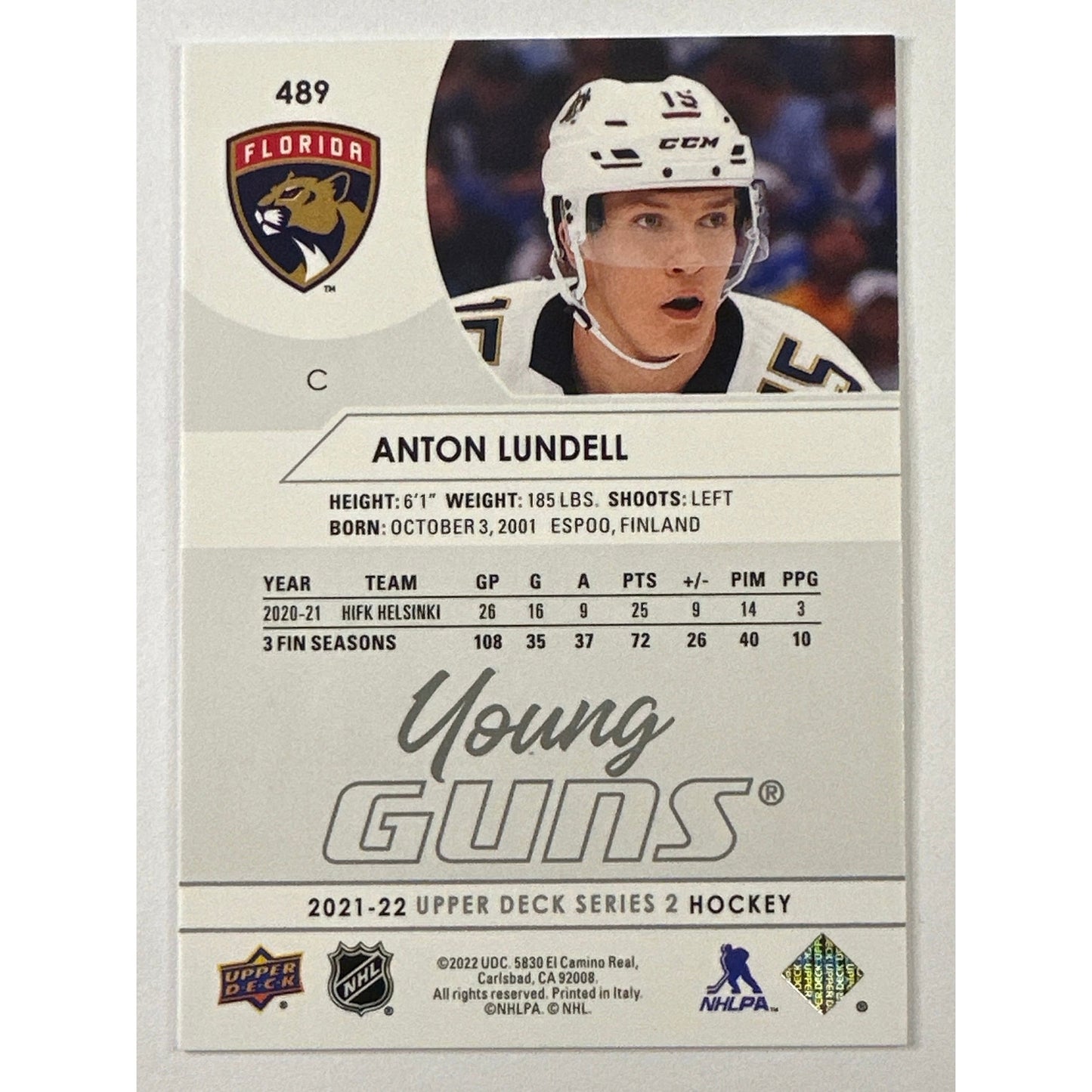 2021-22 Upper Deck Series 2 Anton Lundell Young Guns