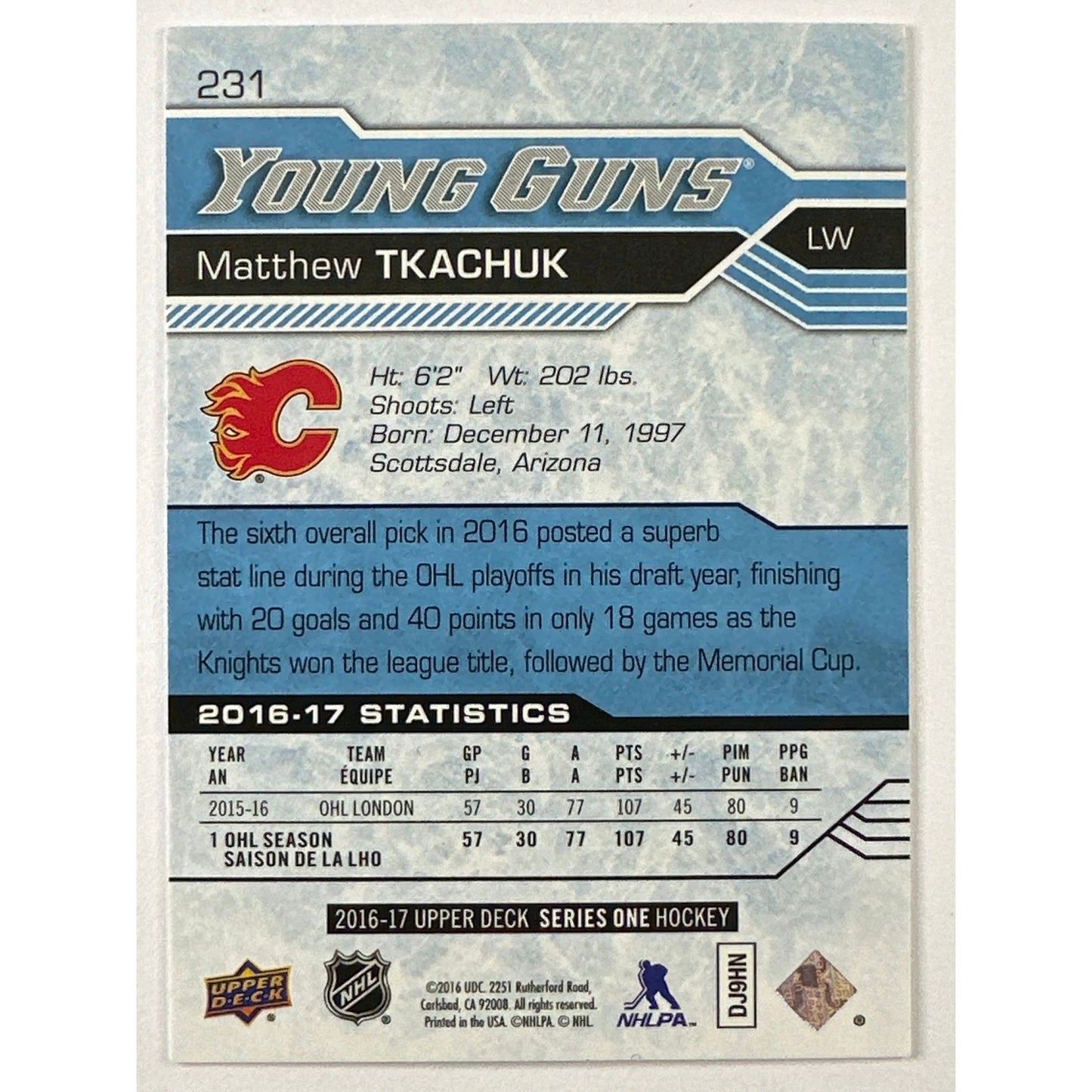 2016-17 Upper Deck Series 1 Matthew Tkachuk Young Guns