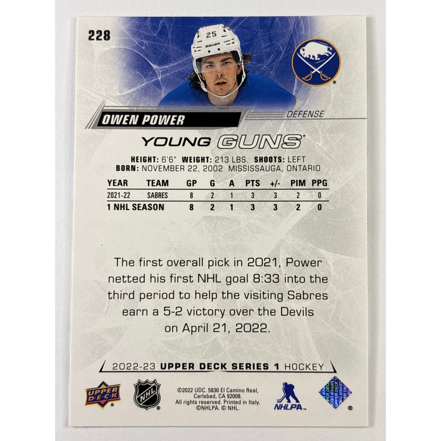 2022-23 Upper Deck Series 1 Owen Power Young Guns