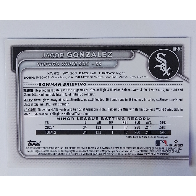 2024-25 Topps Bowman Chrome Jacob Gonzalez Orange Shimmer /50