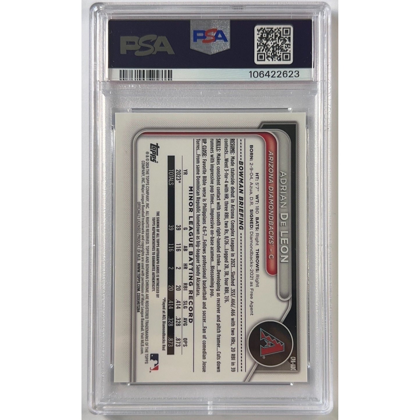 2024 Bowman Chrome Adrian De Leon Prospect Auto Blue Refractor /150 PSA 7 NM