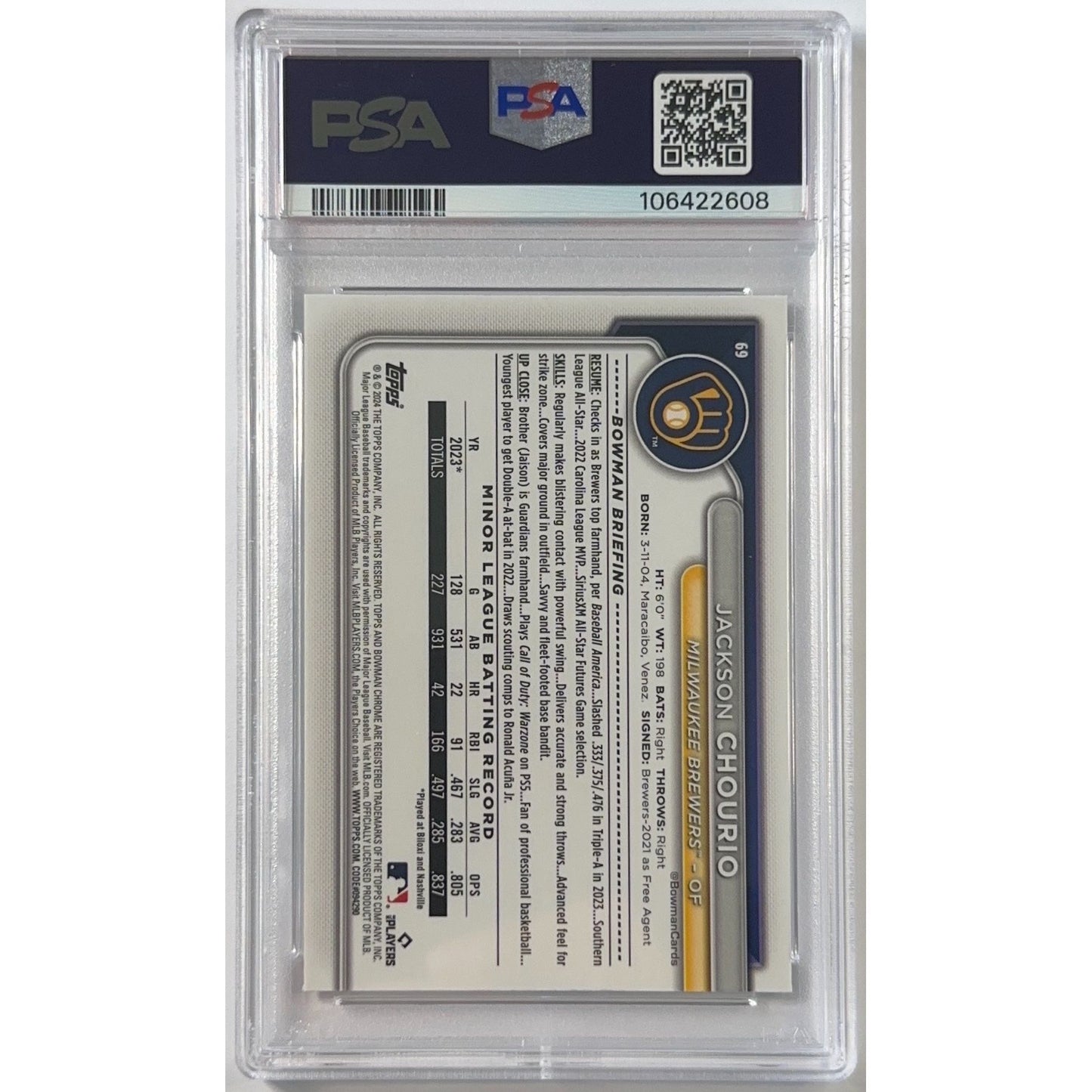 2024 Bowman Chrome M/B Jackson Chourio 1st Bowman Refractor PSA 9 MINT