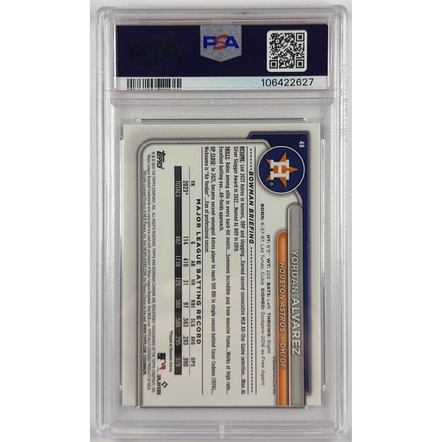 2024 Bowman Chrome Yordan Alvarez M/B Aqua Refractor /299 PSA 10 GEM MINT