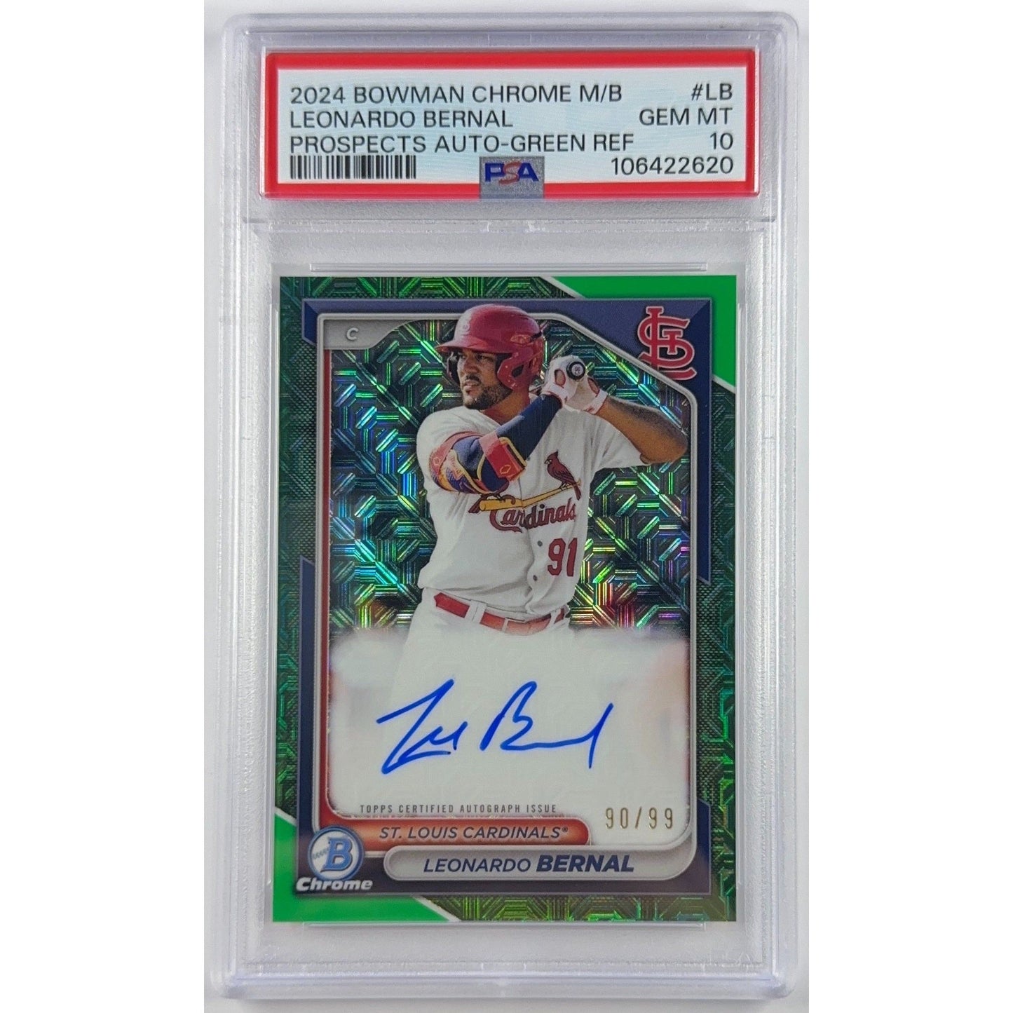 2024 Bowman Chrome Leonardo Bernal M/B Auto Green Refractor /99 PSA 10 GEM MINT