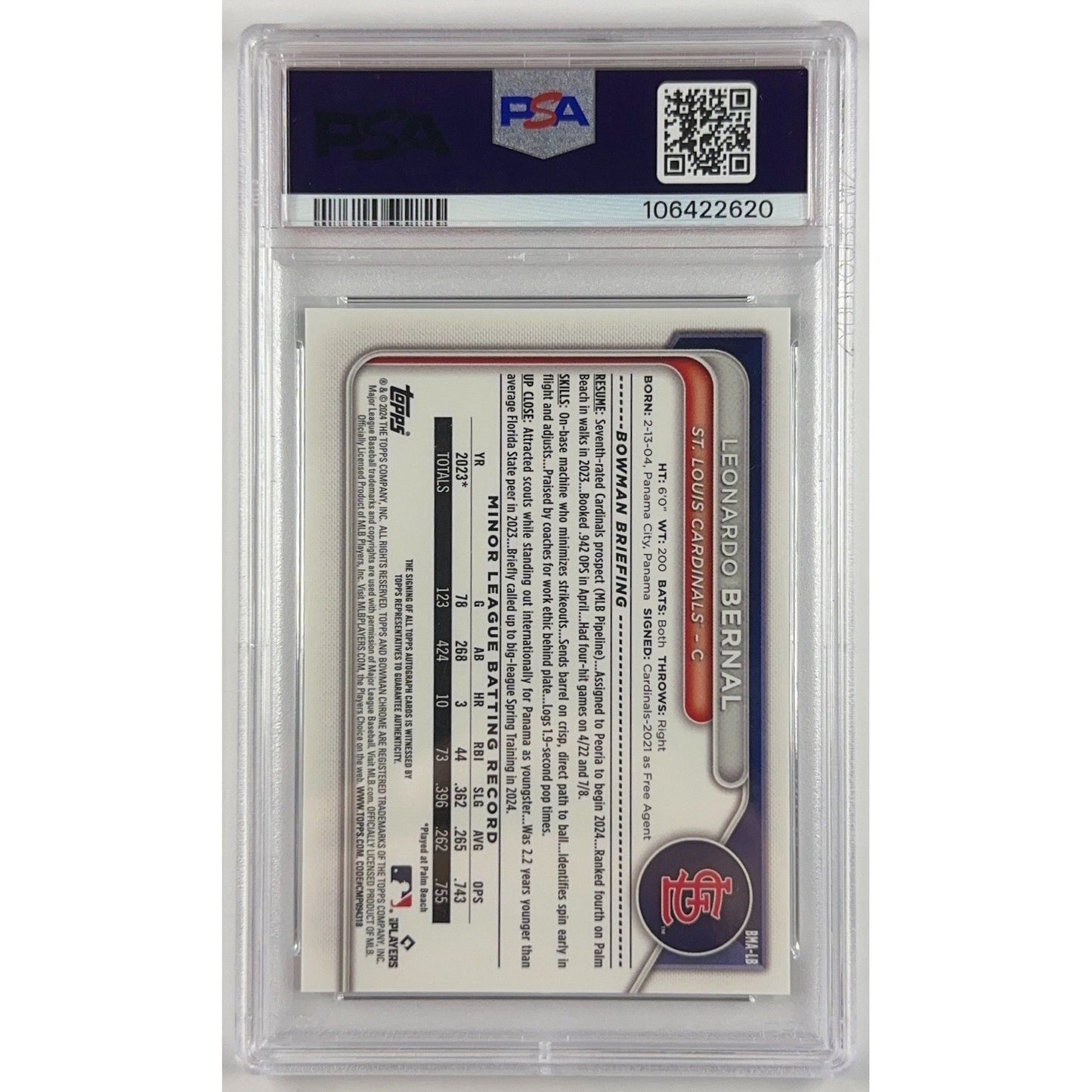 2024 Bowman Chrome Leonardo Bernal M/B Auto Green Refractor /99 PSA 10 GEM MINT