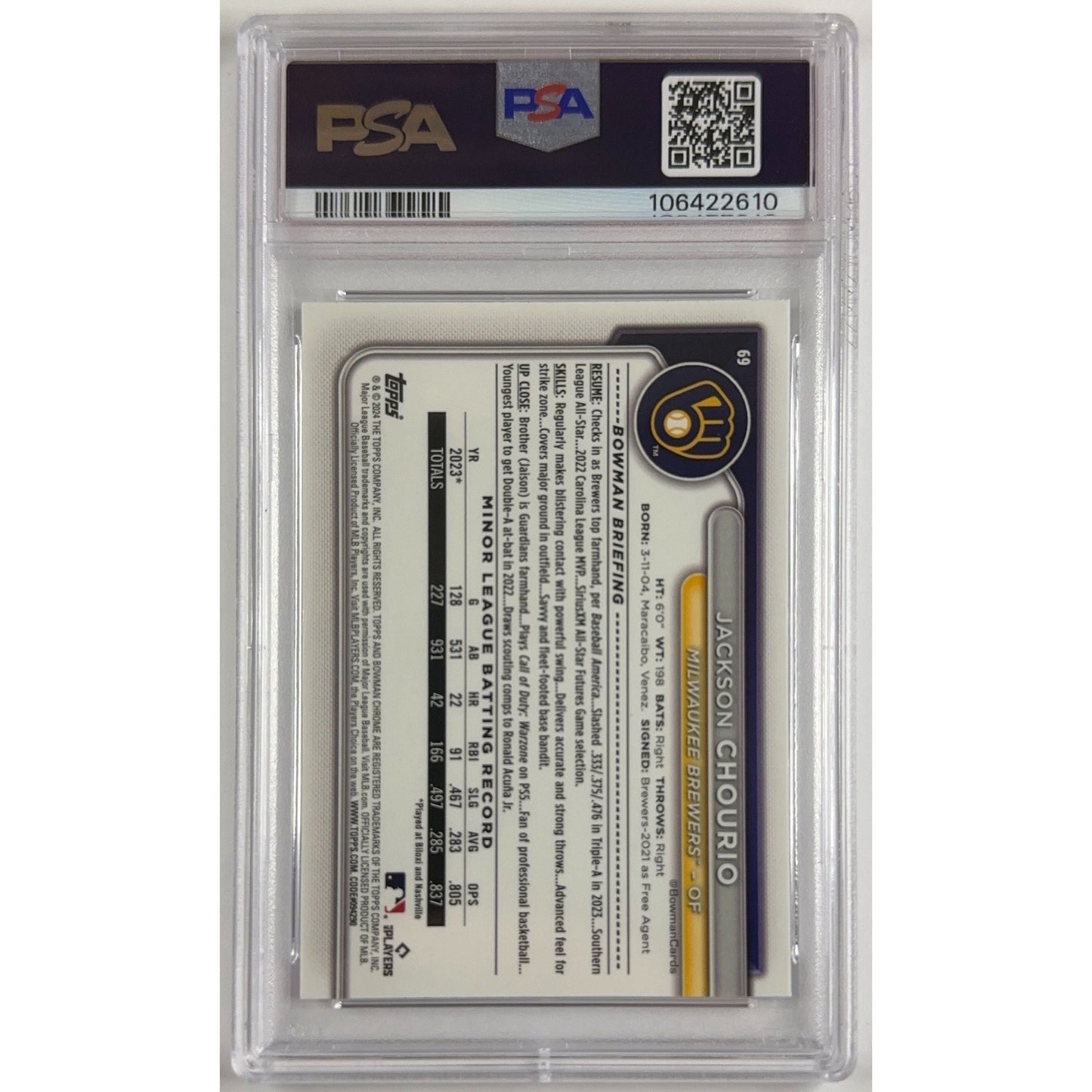 2024 Bowman Chrome Jackson Chourio M/B Refractor RC PSA 10 GEM MINT