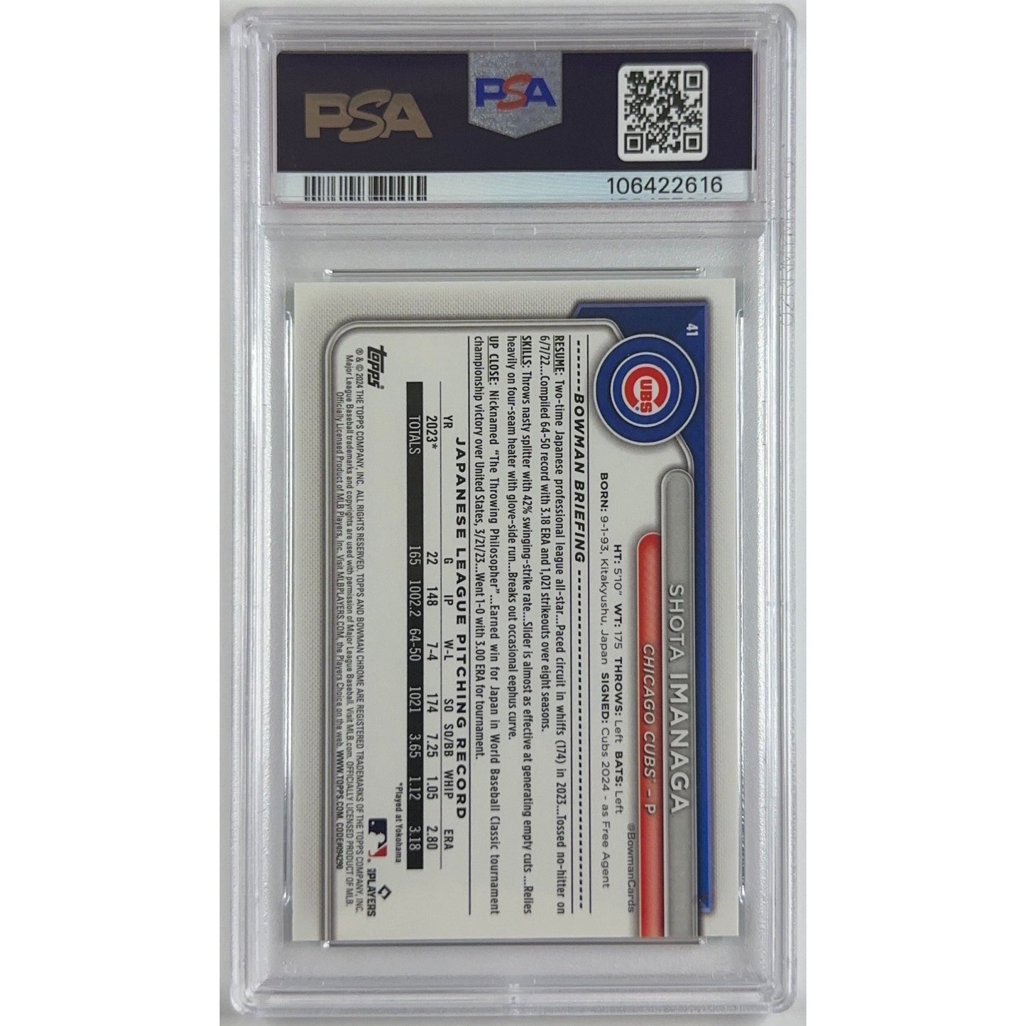 2024 Bowman Chrome Shota Imanaga Aqua Refractor RC /299 PSA 9 MINT