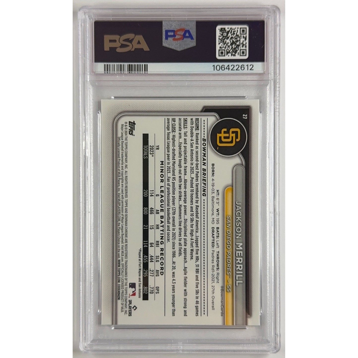 2024 Bowman Chrome Jackson Merrill M/B Refractor RC PSA 10 GEM MINT