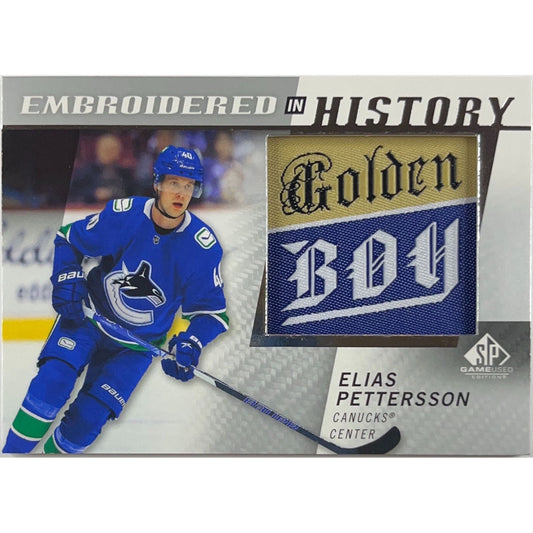 2021-22 SP Game Used Elias Pettersson “Golden Boy” Embroidered In History | Local Legends Cards & Collectibles