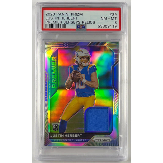 2020 Panini Prizm Justin Herbert Premier Jersey Relics Prizm RC PSA 8 NEAR MINT - MINT | Local Legends Cards & Collectibles