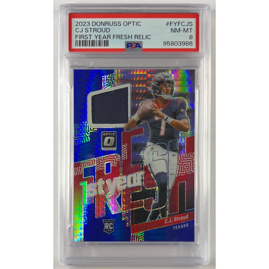 2023 Donruss Optic CJ Stroud 1st Year Fresh Relic Blue Hyper RC PSA 8 NEAR MINT - MINT | Local Legends Cards & Collectibles