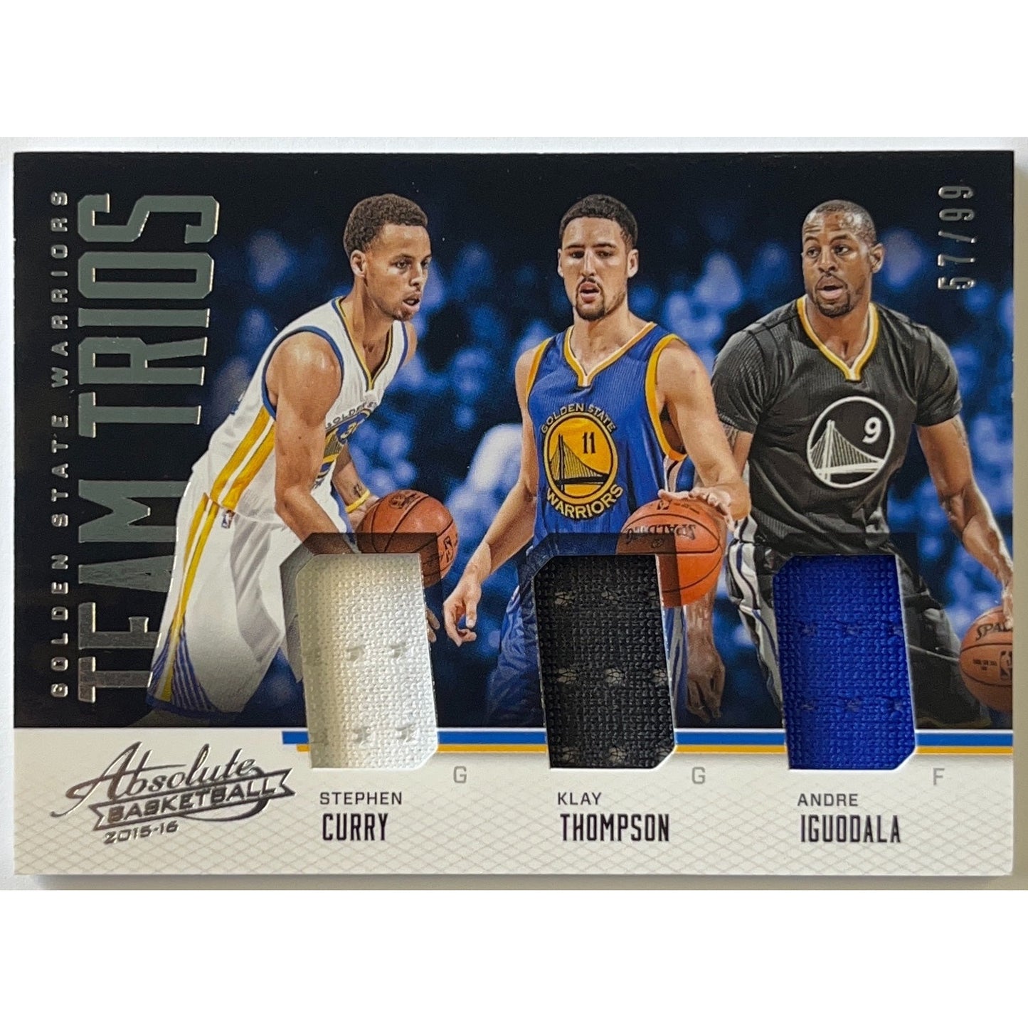 2015-16 Absolute Team Trios Stephen Curry / Klay Thompson / Andre Iguodala Game Worn Triple Patch /99