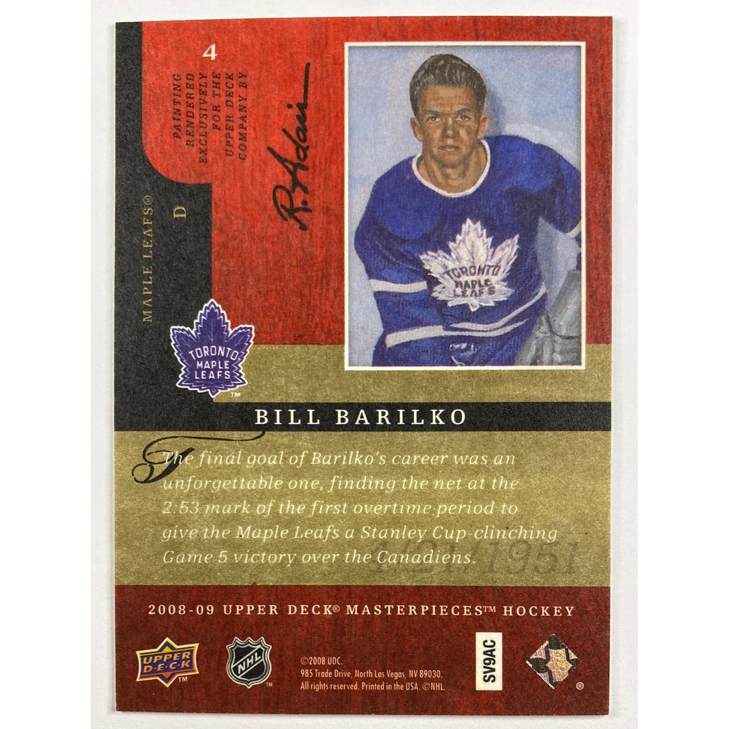 2008-09 Upper Deck Bill Barilko Canvas | Local Legends Cards & Collectibles
