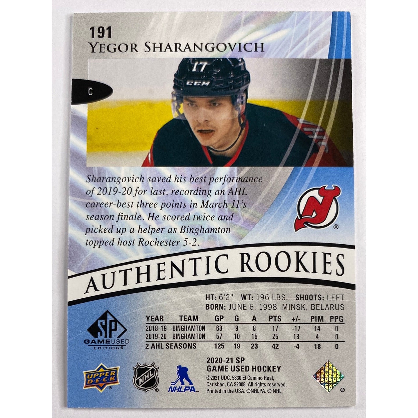 2020-21 SP Yegor Sharangovich Blue Burst Authentic Rookies /199